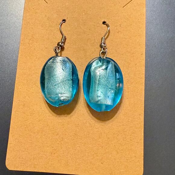 Gorgeous Light Blue Artisan Foiled Glass Drop Earrings - Picture 4 of 7